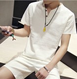 夏季日系棉麻韩版短袖T恤套装男士复古亚麻两件套装潮流一套衣服