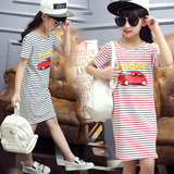 夏季新款韩版女孩纯棉条纹T恤 中长款修身大童女童打底衫上衣童装