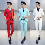 男士西服套装七分袖夏季韩版潮青年夏天三件套修身小西装结婚礼服