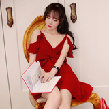 【韩国萝莉】milkcocoa定制韩版V领露肩吊带红色雪纺连衣裙