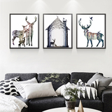 一若北欧客厅装饰画沙发挂画三联现代简约玄关美式壁画 麋鹿一家