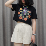 韩国学生夏季高腰印花宽松上衣超短款t恤女简约圆领露脐短袖潮
