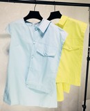 openlady韩版修身中长款工装t恤无袖不规则衬衫领上衣个性女夏季