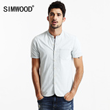 简木男装Simwood男士衬衫夏季欧美条纹牛仔衬衣立领修身纯棉短袖