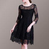 2016春款新品欧洲站蕾丝修身显瘦连衣裙中长款 黑色长袖裙子女装