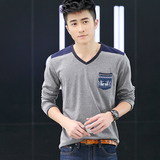青少年T恤 男长袖韩版日系版以潮学生拼接修身春季打底体恤衫V领
