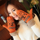 韩版可爱冬季加厚加绒针织毛线连指手套 冬天保暖女士手套 带挂绳