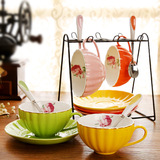 卡布奇诺咖啡杯套装欧式陶瓷咖啡杯创意彩色骨瓷咖啡杯碟4杯架子