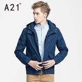 A21男装修身可拆帽迷彩拼接夹克 修身纯色防风立领男士潮流外套