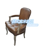 现货法式复古实木做旧真皮餐椅 美式单人椅 扶手靠背书桌椅休闲椅