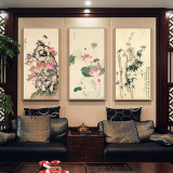 现代新中式客厅装饰画沙发背景墙三联画玄关餐厅挂画竖版倾城丹青