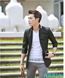 韩版超修身立领男士半袖小西装 七分袖休闲白色夏季外套西服男潮