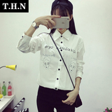 学院风学生修身字母卡通长袖白色打底衬衫韩版女春装纯棉百搭衬衣