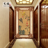 中式古典水墨名画玄关壁纸客厅走廊过道背景墙纸工笔花鸟定制壁画