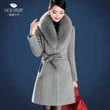 2015新款高端狐狸毛领羊绒大衣女长款修身系带加厚中年羊毛呢外套