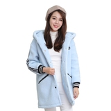 少女冬装2015韩版高中学生可爱条纹中长款毛呢外套大码宽松大衣潮