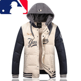 MLB羽绒服冬款男女款时尚PU皮情侣装NY连帽棒球服LA加厚保暖外套