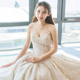 2016新款韩式高端蕾丝抹胸新娘婚纱礼服长拖尾绑带修身白色大拖尾