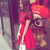韩版2016夏装新款女装明星同款红色冰丝针织连衣裙修身中裙a字裙