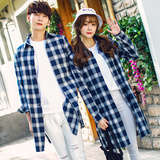 韩国情侣装秋季时尚潮格子衬衫中长款男士寸衣长袖学生大码外套女