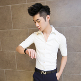 夏季韩版短袖衬衫修身半袖男士七分袖衬衣时尚发型师中袖潮流寸衫