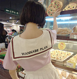 韩版夏装学院风少女力满分拼色拼接 透气雪纺刺绣海军领短袖上衣