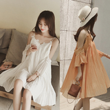 2016夏装新款韩国宽松显瘦甜美吊带一字肩蕾丝百褶雪纺连衣裙Q734