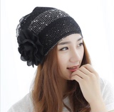 韩国新款双层春夏天透气包头堆堆女帽子金丝花朵时尚月子帽头巾帽