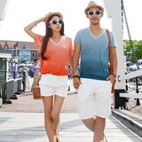 2016新款韩版沙滩度假海边夏装情侣套装渐变色V领大码短袖男女T恤