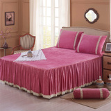 欧式加厚保暖水晶绒单件床裙珊瑚绒结婚蕾丝花边紫色防滑床罩冬