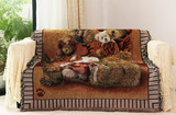 宜品田园复古做旧风小熊图案毯纯棉线沙发装饰盖毯沙发巾沙发毯