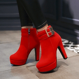 秋冬季新款粗跟短筒女靴红色结婚鞋性感中式新娘鞋超高跟磨砂短靴