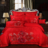 金誉罗莱婚庆四件套大红刺绣结婚房床上用品六八十多件套牡丹之夜