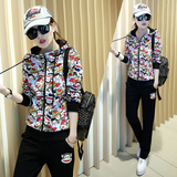 2016春季时尚休闲运动套装韩版女装棒球服开衫连帽长袖卫衣两件套