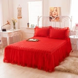 全棉夹棉床裙单件加厚保暖大红婚庆纯棉床罩纯色床单1.5 1.8米