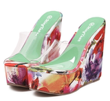 包邮特价促销拖鞋女鞋一字式透明塑胶帮坡跟超高跟印花春夏季34码