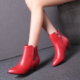 黑2016秋季新款真皮中跟短靴女 细跟尖头低跟短筒及踝靴 红色婚鞋