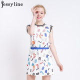 jessy line2016夏装新款 杰茜莱卡通潮流印花收腰显瘦无袖连衣裙