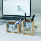 创意时尚亚克力文具收纳盒 实木质办公桌面情侣可以晒照片的笔筒