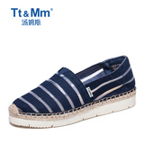 Tt&Mm/汤姆斯女鞋夏季条纹平底镂空帆布鞋 一脚蹬厚底透气松糕鞋