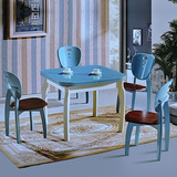 蓝色地中海餐桌椅小户型椭圆形实木餐台圆形收缩收纳组合饭桌餐椅