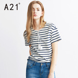 A21女装条纹圆领T恤短袖女 2016夏季新款时尚休闲舒适青春半袖衫