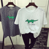 韩国货卡通印花图案小鳄鱼字母简单百搭竹节棉圆领女短袖T恤