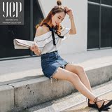 YEP2016夏季新款韩版做旧牛仔包臀裙不规则下摆短裙A字半身裙女