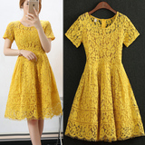 小礼服裙2016夏季新款大码女装甜美黄色短袖蕾丝伴娘服蓬蓬连衣裙