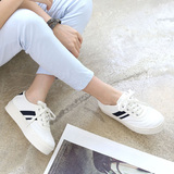韩国代购双杠条纹拼色牛仔帆布圆头松糕厚底系带休闲运动布鞋单鞋