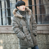 2015新款冬装韩版修身纯色毛领棉服男士连帽中长款棉衣外套学生潮
