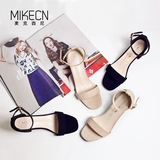 MIKECN 夏季新款裸色凉鞋女粗跟中跟一字带露趾高跟鞋罗马凉鞋