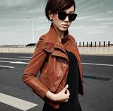2015秋装新款欧美女个性PU皮衣OL通勤立领短款修身皮夹克长袖外套