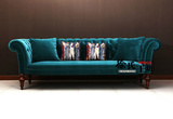 外贸美式乡村布艺沙发新古典蓝色三人绒质沙发地中海宜家客厅家具